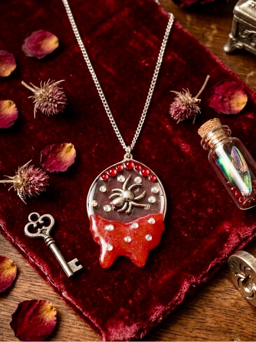 Handmade Red Dripping Spider Pendant Necklace